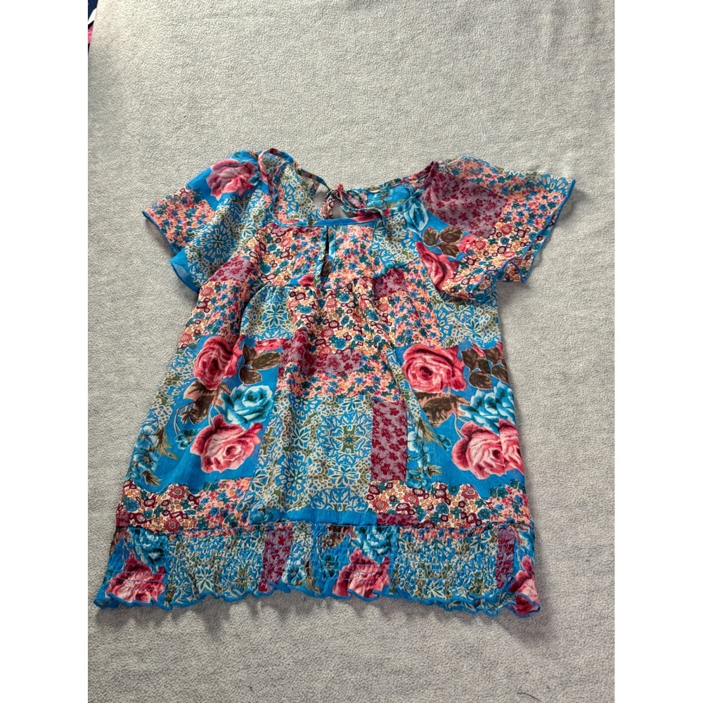 Boho Patchwork Floral Smocked Hem Blouse Blue Pink Short Flutter Sleeve Top